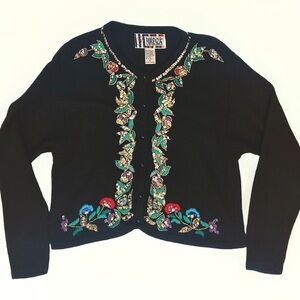 80s Forenza Silk Angora Wool Boxed Cardigan Black Sequined & Embroidered